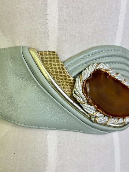 Vintage 80\'s Large Geode Statement Runway Mint Sage Leather Belt M/L main image 5